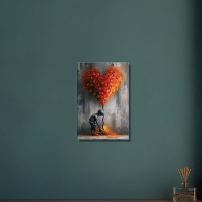 Junge im Banksy Stil gießt einen Baum mit Herzform auf einer Leinwand
