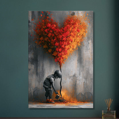 Junge im Banksy Stil gießt einen Baum mit Herzform auf einer Leinwand