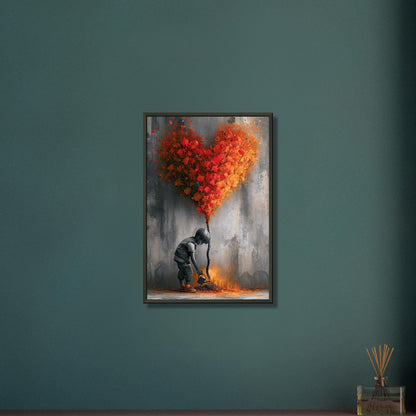 Junge im Banksy Stil gießt einen Baum mit Herzform auf einem Poster im Metallrahmen
