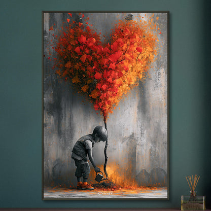 Junge im Banksy Stil gießt einen Baum mit Herzform auf einem Poster im Metallrahmen