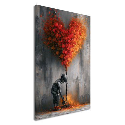 Junge im Banksy Stil gießt einen Baum mit Herzform auf einer Leinwand