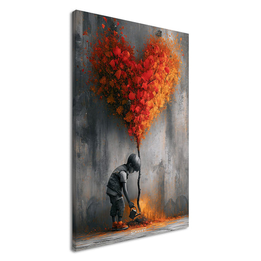 Junge im Banksy Stil gießt einen Baum mit Herzform auf einer Leinwand