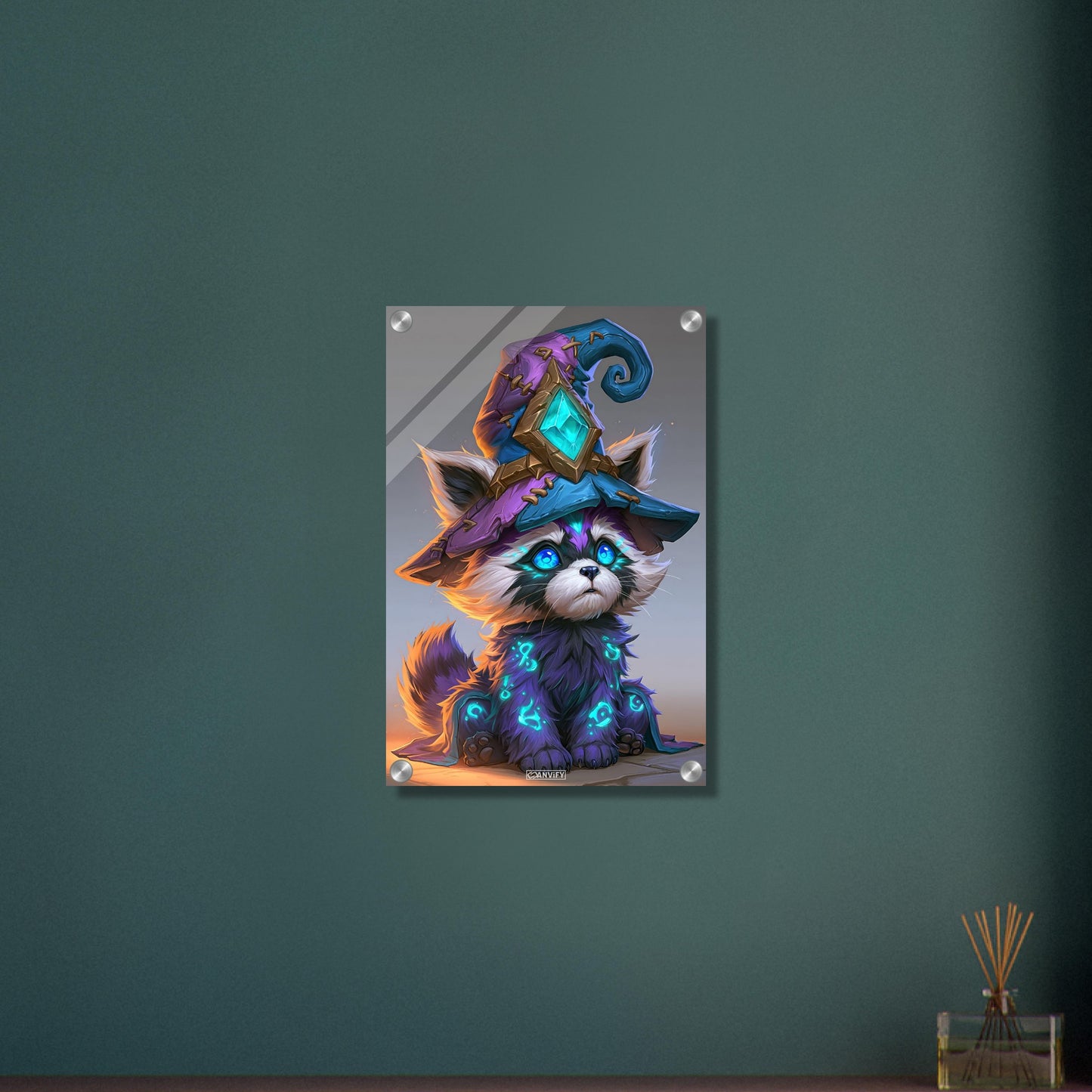 Baby-Waschbär-Zauberer im Comic Stil auf einem Acrylbild