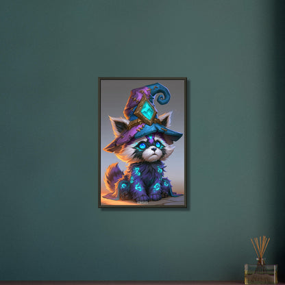 Baby-Waschbär-Zauberer im Comic Stil auf einem Poster im Metallrahmen