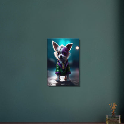 Chihuahua im Superhelden Kostüm von Joker auf einer Leinwand