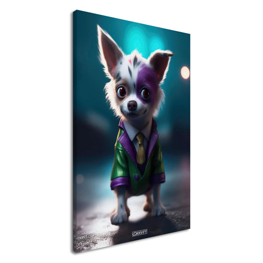 Chihuahua im Superhelden Kostüm von Joker auf einer Leinwand