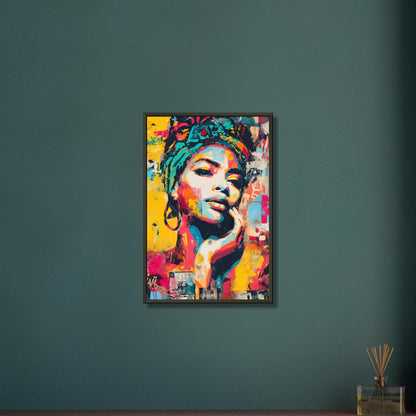 Wunderschöne afrikanische Frau im Pop Art Stil auf einem Poster im Metallrahmen