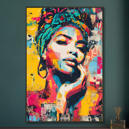 Wunderschöne afrikanische Frau im Pop Art Stil auf einem Poster im Metallrahmen