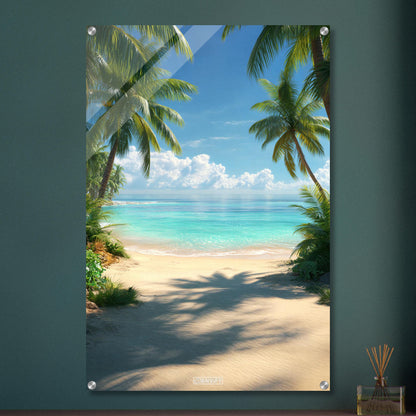 Wunderschöner Strand mit türkisem Meer und Palmen auf einem Acrylbild