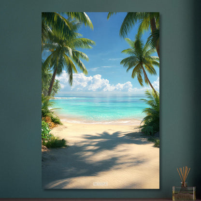 Wunderschöner Strand mit türkisem Meer und Palmen auf Aluminium