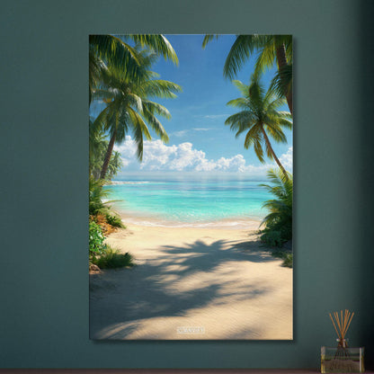 Wunderschöner Strand mit türkisem Meer und Palmen auf einer Leinwand