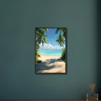 Wunderschöner Strand mit türkisem Meer und Palmen auf einem Poster im Metallrahmen