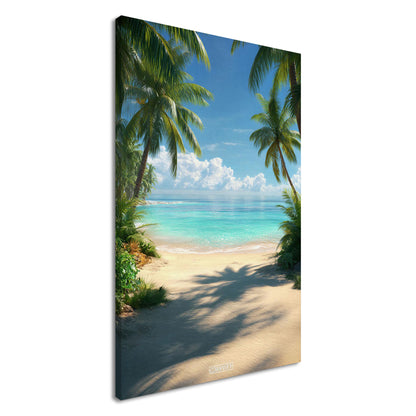 Wunderschöner Strand mit türkisem Meer und Palmen auf einer Leinwand