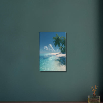 Weißer Strand mit hellblauem Wasser und Palmen auf einer Leinwand