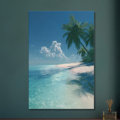 Weißer Strand mit hellblauem Wasser und Palmen auf einer Leinwand