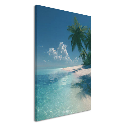 Weißer Strand mit hellblauem Wasser und Palmen auf einer Leinwand