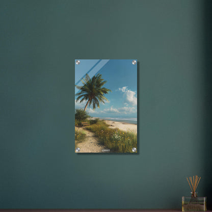 Ruhiger Strand mit Sitzbank und einer Palme auf einem Acrylbild