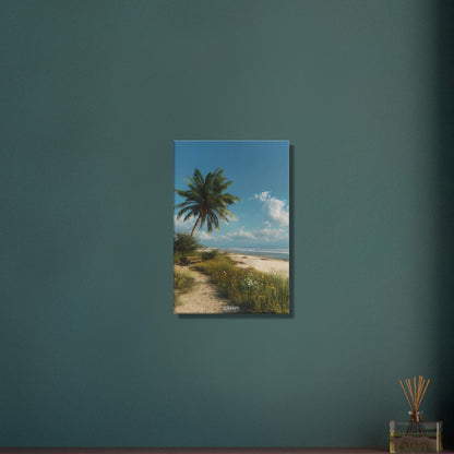 Ruhiger Strand mit Sitzbank und einer Palme auf einer Leinwand