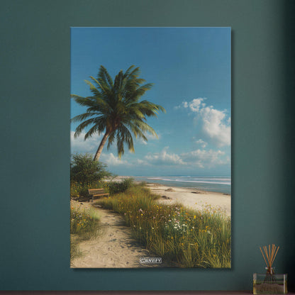 Ruhiger Strand mit Sitzbank und einer Palme auf einer Leinwand