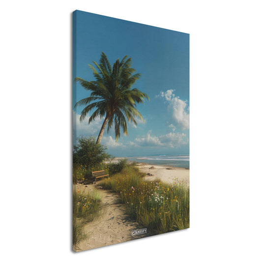 Ruhiger Strand mit Sitzbank und einer Palme auf einer Leinwand