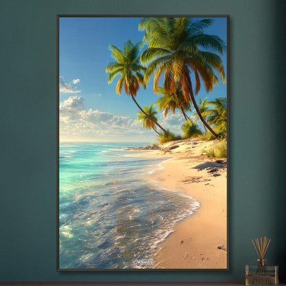 Traumhafter Strand mit Palmen und türkisem Wasser auf einem Poster im Metallrahmen