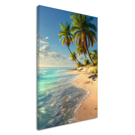 Traumhafter Strand mit Palmen und türkisem Wasser auf einer Leinwand