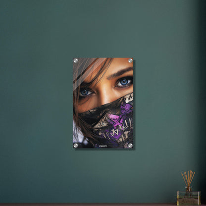 Schöne blaue Augen einer Frau mit einem Bandana auf einem Acrylbild