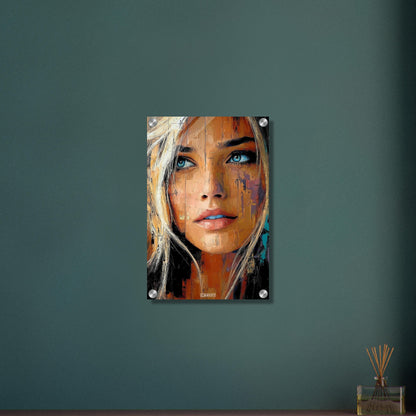 Blonde Frau mit blauen Augen auf einem Acrylbild