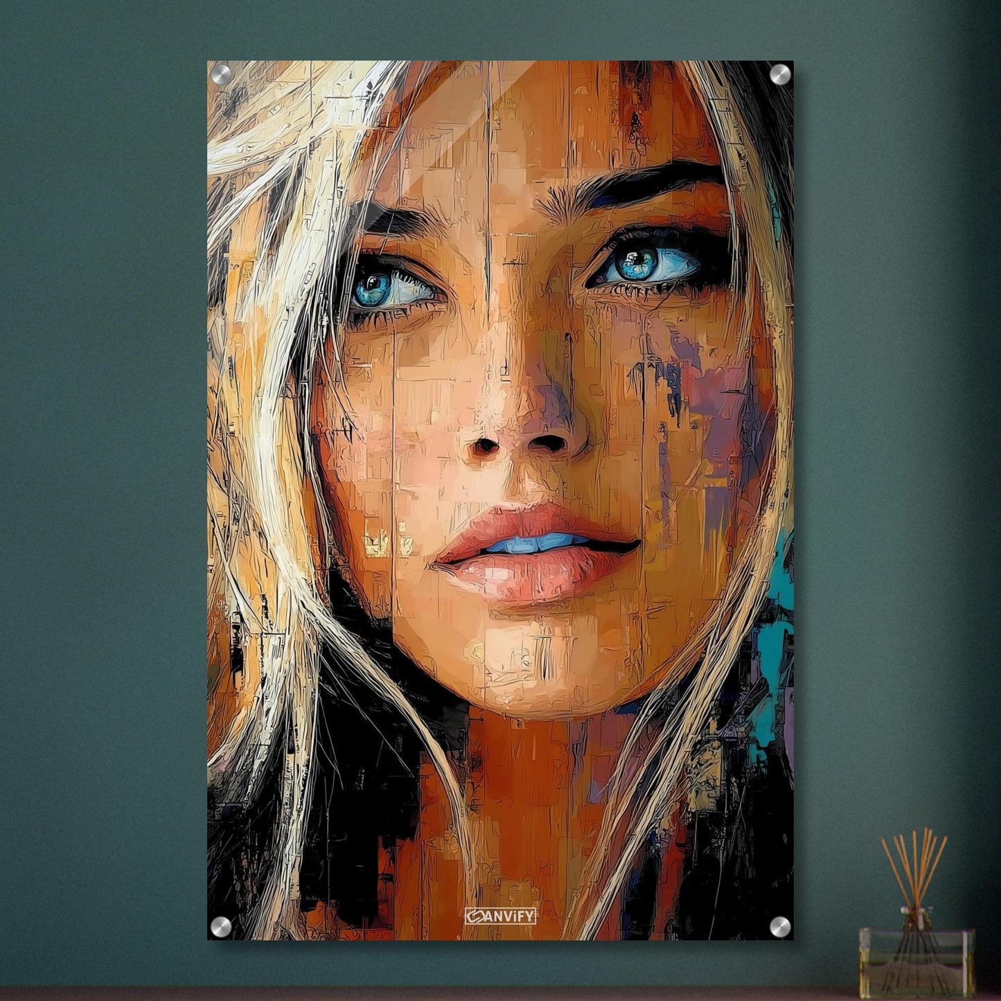 Blonde Frau mit blauen Augen auf einem Acrylbild