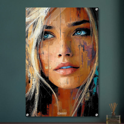 Blonde Frau mit blauen Augen auf einem Acrylbild
