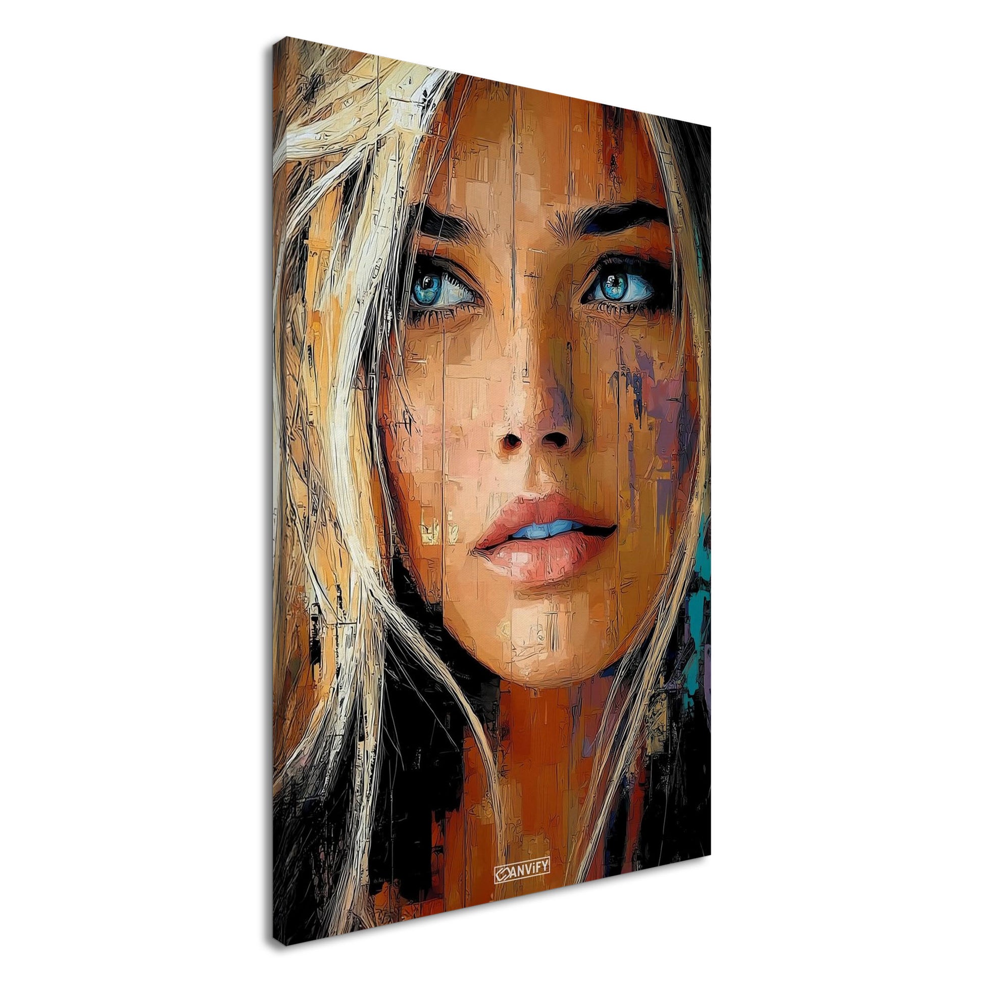Blonde Frau mit blauen Augen auf einer Leinwand