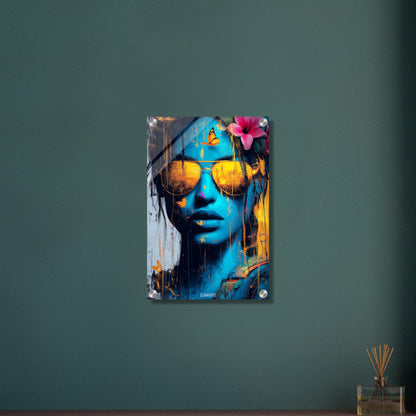 Lara Croft aus Tomb Raider in blauer Farbe und goldener Sonnenbrille und einer Blüte im Haar auf einem Acrylbild