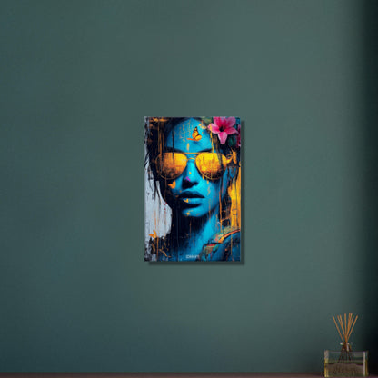 Lara Croft aus Tomb Raider in blauer Farbe und goldener Sonnenbrille und einer Blüte im Haar auf einer Leinwand