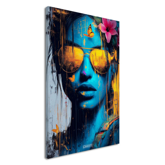 Lara Croft aus Tomb Raider in blauer Farbe und goldener Sonnenbrille und einer Blüte im Haar auf einer Leinwand