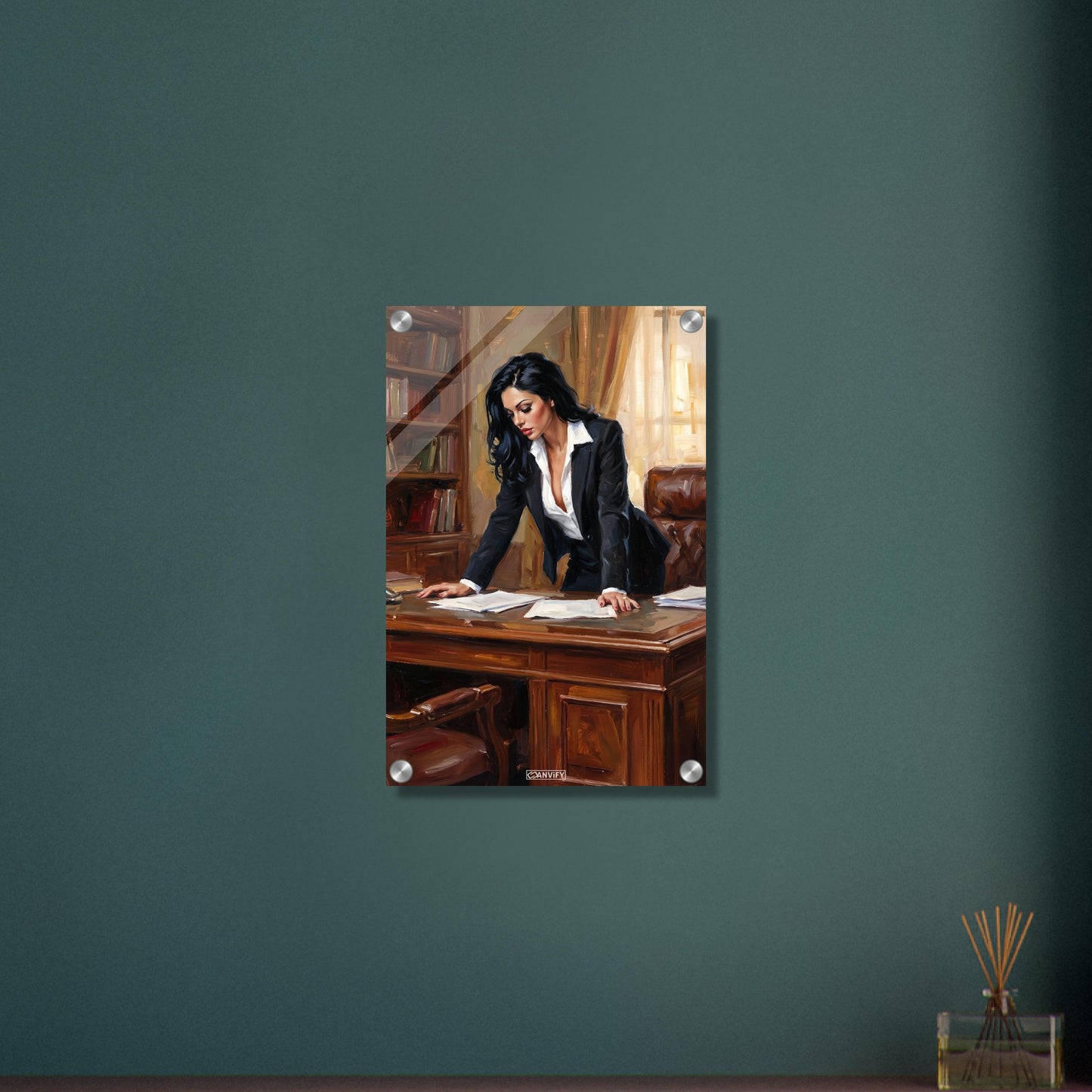 Hübsche Anwältin im Büro auf einem Acrylbild
