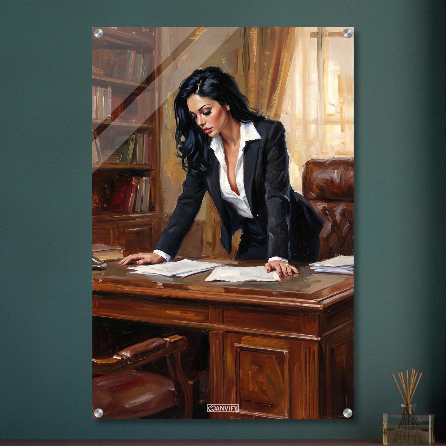 Hübsche Anwältin im Büro auf einem Acrylbild