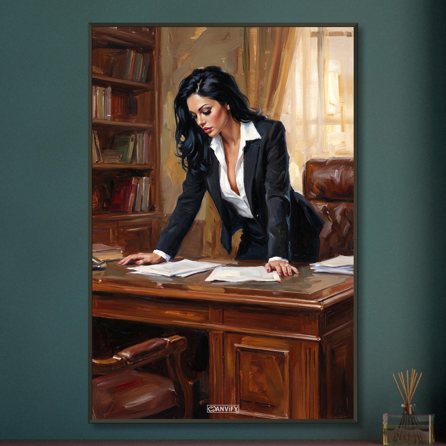 Hübsche Anwältin im Büro auf einem Poster im Metallrahmen