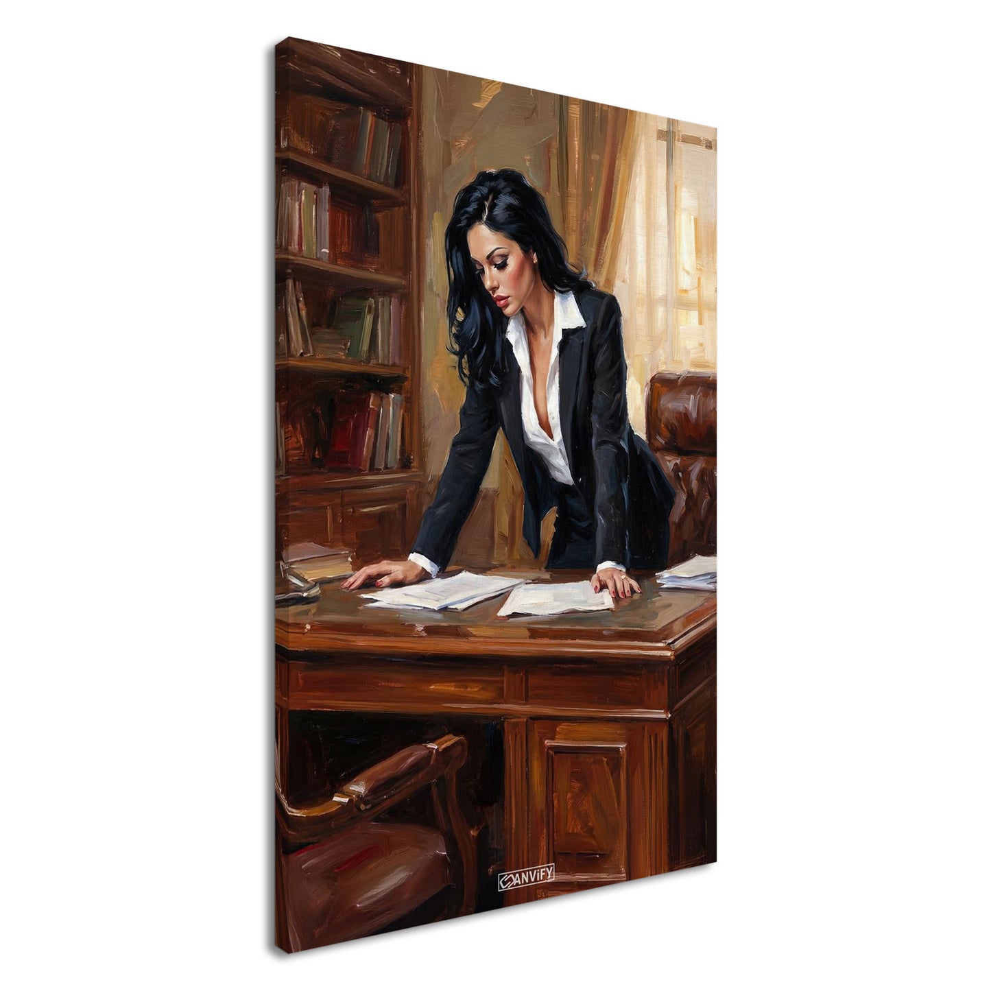 Hübsche Anwältin im Büro auf einer Leinwand