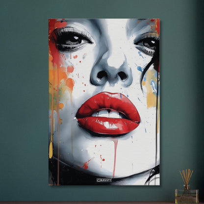 Hailey Bieber mit roten Lippen im Modern Art Stil auf einer Leinwand