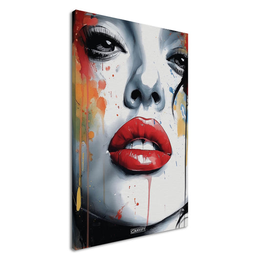 Hailey Bieber mit roten Lippen im Modern Art Stil auf einer Leinwand