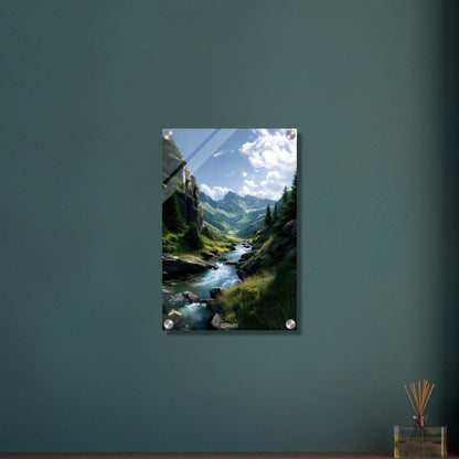 Traumhafter Fluss zwischen den Bergen auf einem Acrylbild