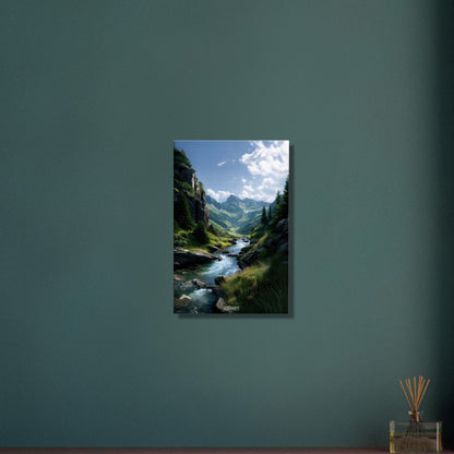 Traumhafter Fluss zwischen den Bergen auf einer Leinwand