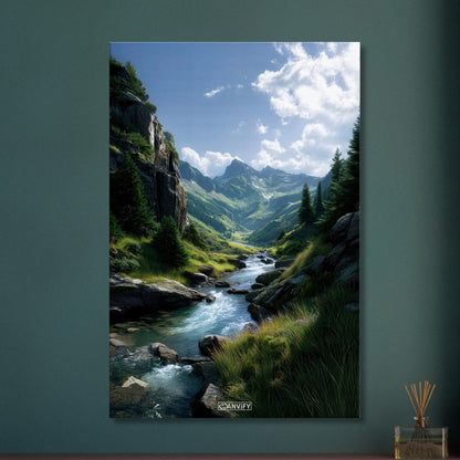 Traumhafter Fluss zwischen den Bergen auf einer Leinwand