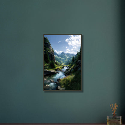 Traumhafter Fluss zwischen den Bergen auf einem Poster im Metallrahmen