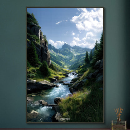 Traumhafter Fluss zwischen den Bergen auf einem Poster im Metallrahmen