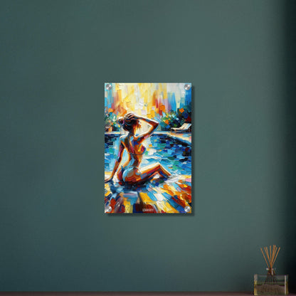Schöne Frau im Bikini am Poolrand bei Sonnenuntergang in Acrylfarben auf einem Acrylbild