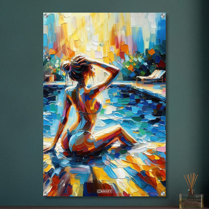 Schöne Frau im Bikini am Poolrand bei Sonnenuntergang in Acrylfarben auf einem Acrylbild