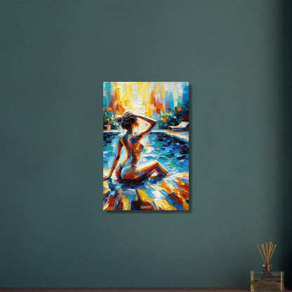Schöne Frau im Bikini am Poolrand bei Sonnenuntergang in Acrylfarben auf Aluminium