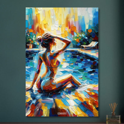 Schöne Frau im Bikini am Poolrand bei Sonnenuntergang in Acrylfarben auf Aluminium