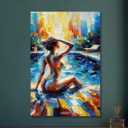 Schöne Frau im Bikini am Poolrand bei Sonnenuntergang in Acrylfarben auf einer Leinwand